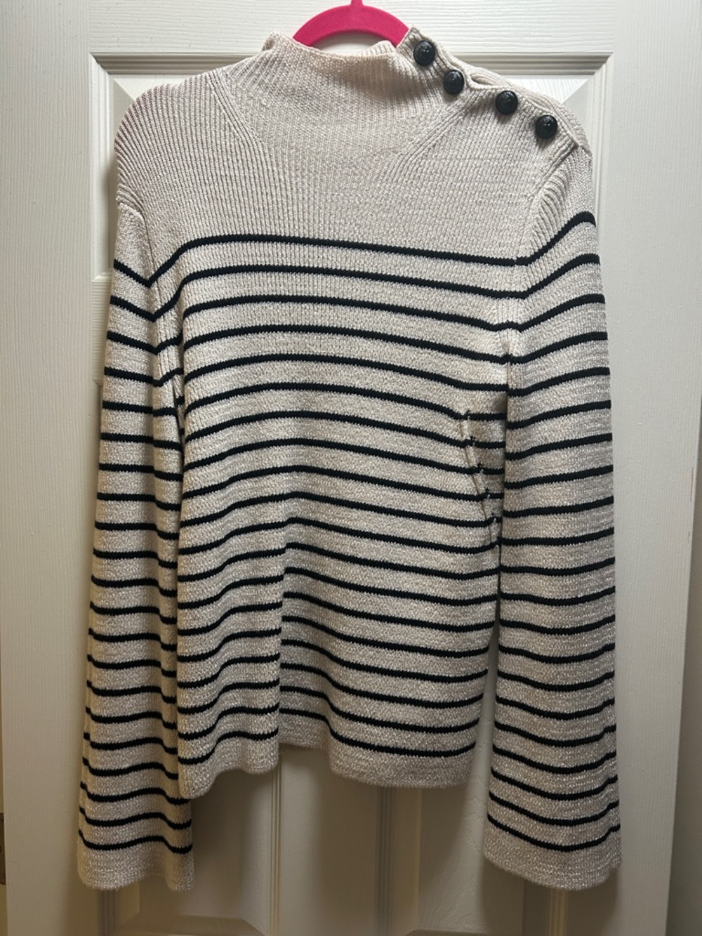 Zadig & Voltaire Cream and Black Striped Button-Shoulder Turtleneck Sweater